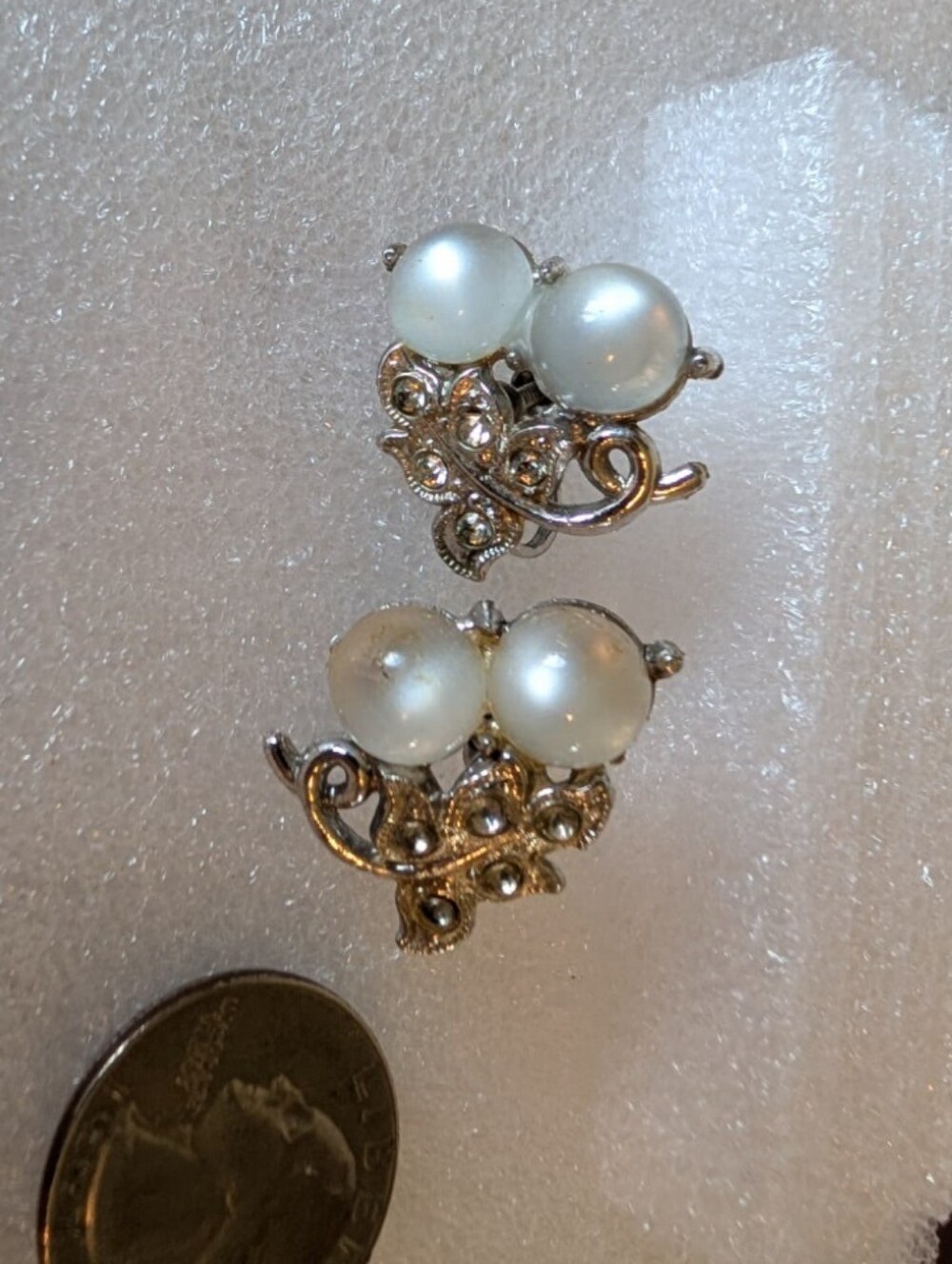 Classic Pearl and Crystal Floral Screw Back  Earrings In A Silver Tone Setting